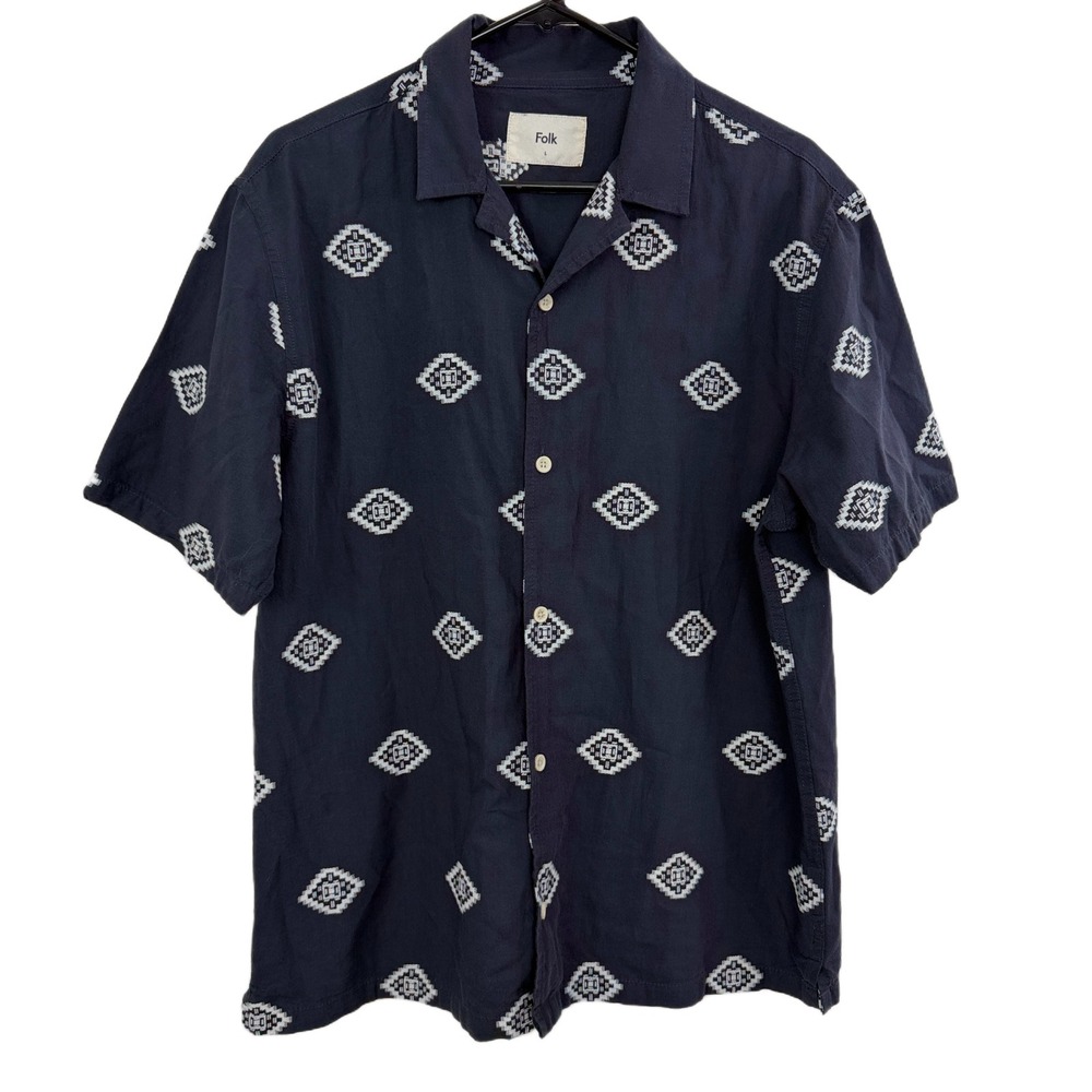 Folk Clothing Shirt Mens Size Large Blue Aztec Geometric Short Sleeve Button Up